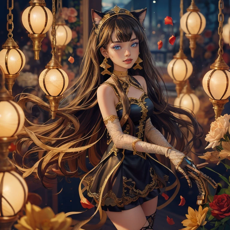 ((high quality)), ((Work of art)), (more detail), 1girl, centered, a girl with a light brown skinny, award winning upper body portrait, cowboy shot, solo, brown hair, long hair, wave hair, Egyptian aesthetic, black shirt, black skirt, blue knee boots, smiling, Egypt style, space scenery, gold lanterns, white roses, full moon,  depth of field, cinematic composition, night, white roses, smile, gothic dress, black dress, black dress with transparency, blue laces, black gloves, black high socks, blue high hills boots, gold jewelry, jewelry, space, white roses on focus, Cleo de Nilo_(monster high), Monster High, looking at the viewer, more details on the clothes, petals in the air, two arms, two legs, two hands, five fingers, space scene, 1girl, black maid dress, jewelry, brown hair, flowing hair, long hair, maid dress with a short skirt and layers, blue laces, blue boots, black dress with transparency, gold details on her clothes, cat ears, animal ears,  more details, perfectly body, perfectly hands, two hands, two legs, two arms, five fingers, glowing hair, best quality, alone, maid headdress, choker, detached sleeves, maid dress, maid black dress, strapless, masterpiece, best quality, detailed face, night, asymmetrical gloves, bangs, black short skirt , black gloves, white boots, earrings, elbow gloves, fishnet thighhighs, fish masterpiece, solo, best quality, detailed face, gloves, hair between eyes, jewelry, long hair, looking at viewer, single earring, sky, sleeveless, solo, thigh boots, thigh highs, uneven gloves, solo, alone, Looking at the viewer, More details on the clothes, white roses on her hair, space scenery, maid, maid dress, green details, white roses, maid headdress, maid apron, long hair, seat on the Saturn rings, more details on her clothes, gold details on her 