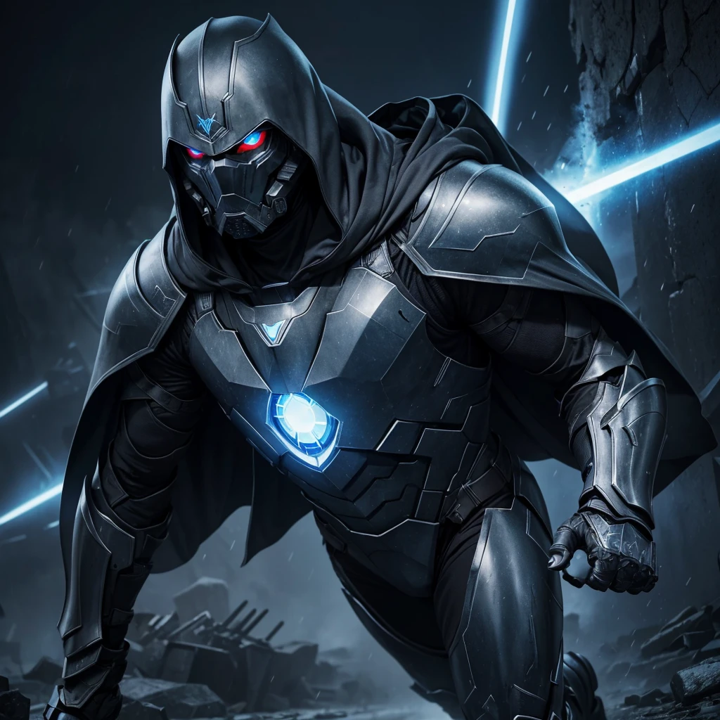 a male wearing grey hood and cape, making a metal hand sign, background dark space battlefield, heavy rain, blue glowing beautiful eyes, (full body shot), blue glowing lined simple armor plate, dark environment, high detailed face, Advance mask, intense war,