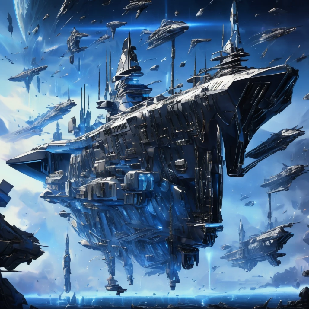 An exquisite and cinematic depiction in the iconic Hergé style, showcasing a sleek, metallic black-and-white shark-shaped spacecraft soaring gracefully over a planet adorned with shades of blue water. The spacecraft leaves a powerful, distinct green ion trail in its wake, while its intricate mechanical details and elaborate design capture the essence of adventure and excitement. The cinematic scene evokes a strong sense of nostalgia, immersing the viewer in a thrilling world of dark fantasy space exploration.