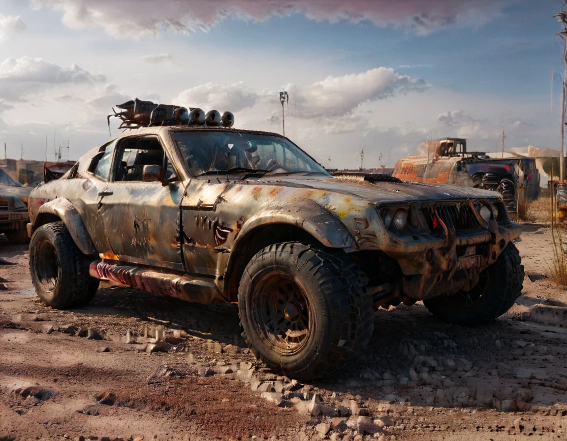 a powerful off-roader, post-apocalyptic, mad max style, weathered and dystopian, desert landscape, dramatic lighting, vibrant colors, gritty and rugged, heavily modified vehicle, massive wheels, spikes and armor plating, menacing presence, cinematic composition, ultra-detailed, 8k, photorealistic, dramatic angles, chiaroscuro lighting, volumetric fog, dust and grime effects, worn and battle-damaged, ominous atmosphere, cinematic depth of field, dramatic color grading, intense shadows and highlights