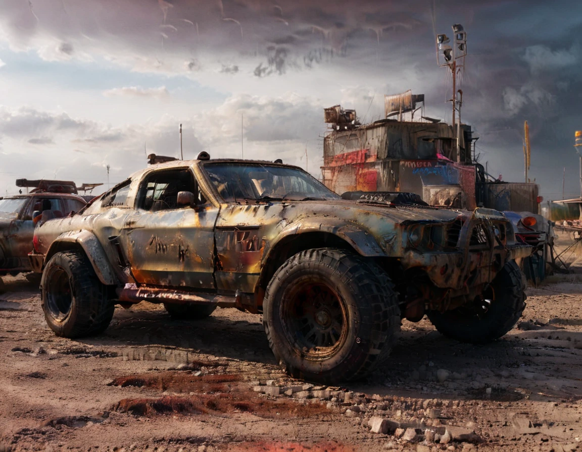 a powerful off-roader, post-apocalyptic, mad max style, weathered and dystopian, desert landscape, dramatic lighting, vibrant colors, gritty and rugged, heavily modified vehicle, massive wheels, spikes and armor plating, menacing presence, cinematic composition, ultra-detailed, 8k, photorealistic, dramatic angles, chiaroscuro lighting, volumetric fog, dust and grime effects, worn and battle-damaged, ominous atmosphere, cinematic depth of field, dramatic color grading, intense shadows and highlights