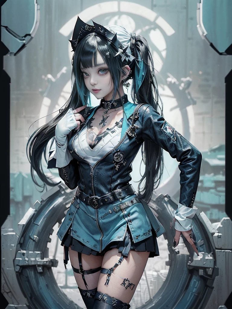 (Full body view:1.4)、(Full Body View:1.3)、(Side view:1.1)、(Smiling with teeth showing:1.3),(Shibuya Gal:1.5)、(Maid café clerk:1.5)、(Punk RockVisual Kei:1.4)、(Turquoise, navy and denim medieval noble zip up:1.5)、(Navy and white arm covers and micro mini skirt:1.5)、(Blue high heels:1.3)、(Wearing silver accessories:1.5)、(Dark brown collar:1.4)、(Leather garter belt:1.4)、(Brown Skin Belt:1.3)、(Black lace underwear:1.5)、20-year-old、NSFW、((Highest quality、In 8K、masterpiece:1.3))、Sharp focus:1.2、(Layered Cut、Huge boobs:1.1),Beautiful woman with perfect figure:1.4、(Doing an aerobics pose:1.3)、Slender Abs:1.2、Highly detailed face and skin texture、Detailed eyes、double eyelid,(Twin tails:1.3)、(Black Hair:1.3)、Gravure idol、(A fairytale-like cafe with a lush tree background:1.3)、(Slim body:1.3),(Make your legs thinner:1.4),(Thin, thin thighs:1.3)、(clavicle:1.1)