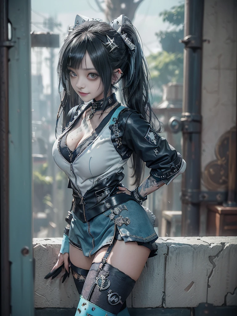 (Full body view:1.4)、(Full Body View:1.3)、(Side view:1.1)、(Smiling with teeth showing:1.3),(Shibuya Gal:1.5)、(Maid café clerk:1.5)、(Punk RockVisual Kei:1.4)、(Turquoise, navy and denim medieval noble zip up:1.5)、(Navy and white arm covers and micro mini skirt:1.5)、(Blue high heels:1.3)、(Wearing silver accessories:1.5)、(Dark brown collar:1.4)、(Leather garter belt:1.4)、(Brown Skin Belt:1.3)、(Black lace underwear:1.5)、20-year-old、NSFW、((Highest quality、In 8K、masterpiece:1.3))、Sharp focus:1.2、(Layered Cut、Huge boobs:1.1),Beautiful woman with perfect figure:1.4、(Doing an aerobics pose:1.3)、Slender Abs:1.2、Highly detailed face and skin texture、Detailed eyes、double eyelid,(Twin tails:1.3)、(Black Hair:1.3)、Gravure idol、(A fairytale-like cafe with a lush tree background:1.3)、(Slim body:1.3),(Make your legs thinner:1.4),(Thin, thin thighs:1.3)、(clavicle:1.1)