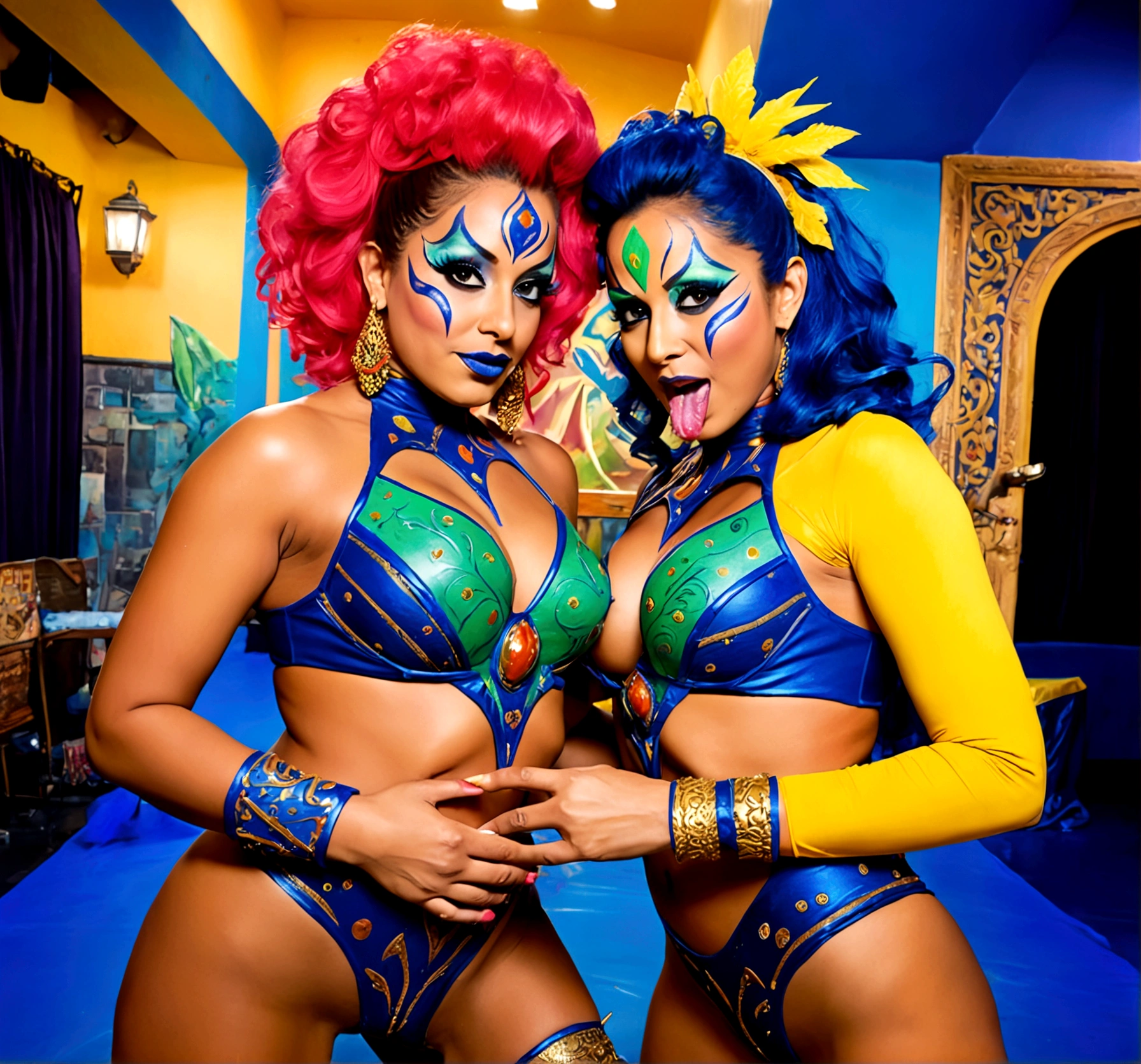 "(best quality, highres, ultra-detailed), 2 women, Desi, 40, average build, in colorful body paint,(playful, vibrant) jesters (costume is entirely body paint), wrestling for a crowd of rowdy aliens, in an(otherworldly) atmosphere,(fantastical, whimsical) outfits, (elaborate face makeup), (bright, vivid) colors, lively expressions, (dynamic poses), (mysterious, ethereal) lighting"