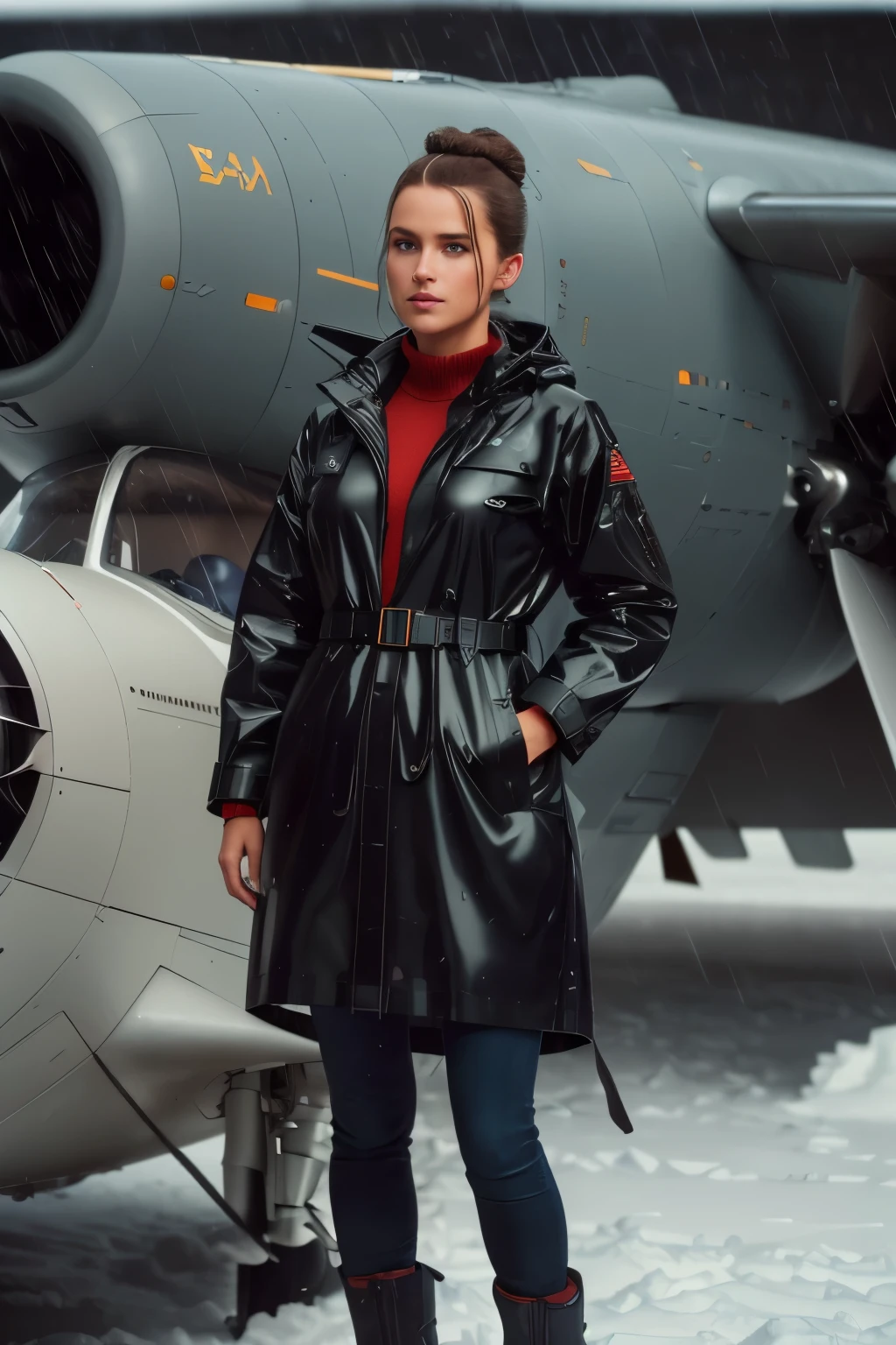 ((high definition)), ((full body)) press photography, ((aviator))((wearing open rain coat)), ((Lockheed Vega 5B in the arctic)), ((enchanting)), ((hair in bun)), ((looking at camera)), Detailed, Detailed pretty face, Sharp Focus, (Detailed and intricate), 4k, Leica 35mm F2.8, Fuji Superia Reala 100