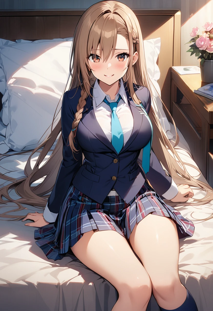 Highest quality、Super detailed、High resolution illustrations、Ultra-high-definition CG、８k size wallpaper、Production Art、Light novel illustrations、asuna yuuki, long hair, bangs, brown hair, brown eyes, very long hair, braid, Collared long sleeve shirt、Navy blue tie、Navy tartan check pleated skirt、Navy blue knee socks、Black Loafers、On the bed in the nurse&#39;s office、Milking、masturbation behavior、