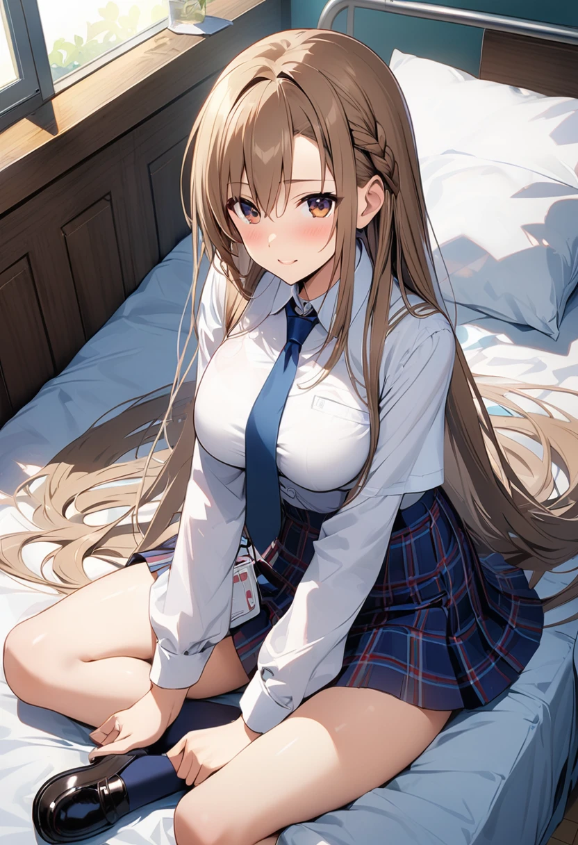 Highest quality、Super detailed、High resolution illustrations、Ultra-high-definition CG、8k size wallpaper、Production Art、Light novel illustrations、asuna yuuki, long hair, bangs, brown hair, brown eyes, very long hair, braid, Collared long sleeve shirt、Navy blue tie、Navy tartan check pleated skirt、Navy blue knee socks、Black Loafers、On the bed in the nurse's office、Milking、masturbation behavior、