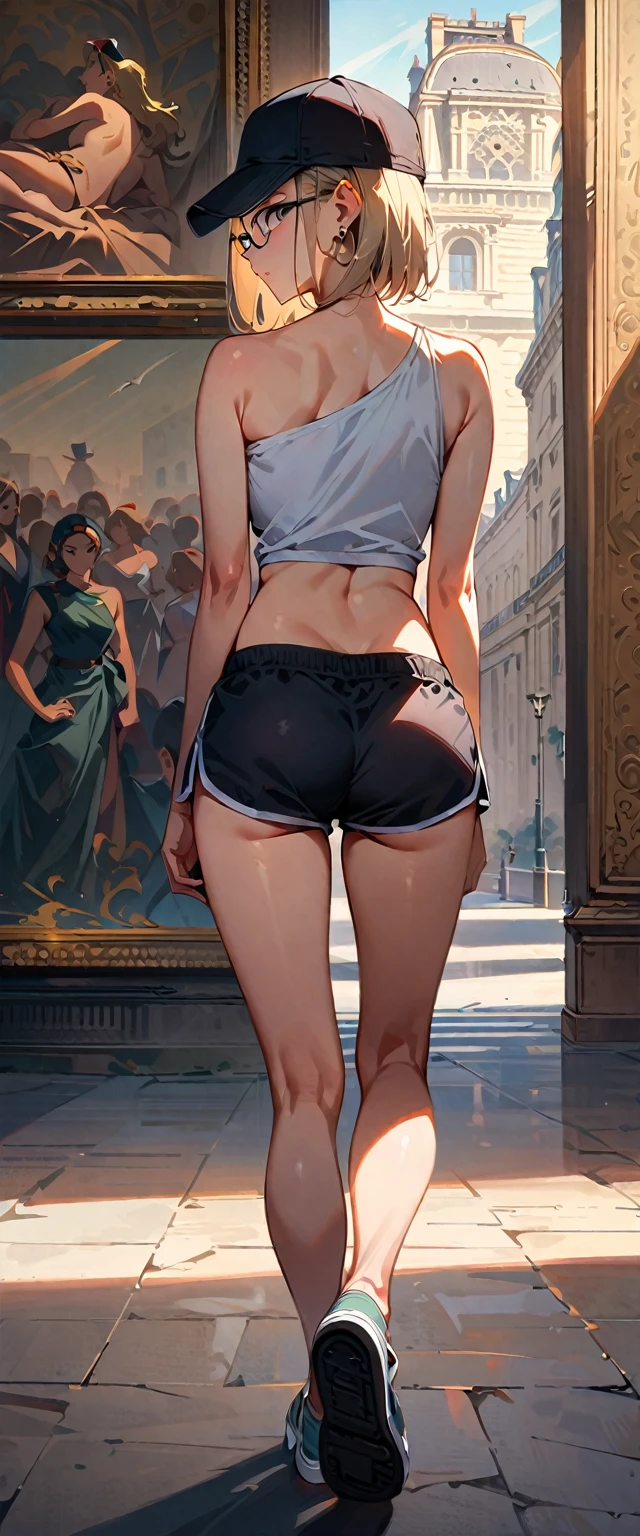 (masterpiece, best quality:1.2), full body shot, solo, Android 18 from Dragon Ball, ((slip-on one-shoulder crop top)), (light gray top:1.2), no jacket, (black dolphin shorts), strings of thong underwear slightly visible, small breasts, short blonde hair loose, ((black eyes)), ((wearing glasses)), earrings on earlobes, slender feminine figure, narrow waistline, skinny body, (plane black cap), (cap without logo), beach sandals, sunlight, head tilt, looking at viewer, light blush, shot from behind, looking back, back view, arms behind back, walking, the Louvre, the Eiffel Tower, outside, natural lighting and shadows, magnificent view, blur background, 4K