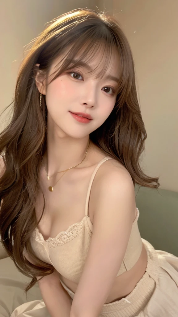 （The best product，High resolution，masterpiece：1.3），A sexy and beautiful Japan，slim body，（（side parted bangs，Brown hair，Fluffy wavy style））、Tie a ponytail、Beautiful and smooth G cup breasts、Show cleavage，wearing a pendant，（The background is on the bed ）,Delicate sunlight、in bright room，Details on faces and skin textures are beautifully rendered，Delicate and sexy eyes，double eyelids、Sexy lips biting、facing the audience、Sexy expression、The body is soaked、full-body shot、Sexy relaxed forward position、a pendant,Wearing shirts unbuttoned、Makeup、full-body shot、Smile、delicate eyes、sexy makeup、full-body shot,There is a small mole under the right eye