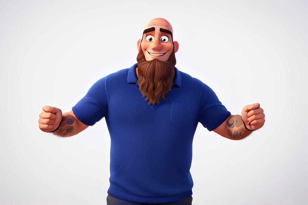 disney pixar style brunette man with big dark beard, bald and muscular smiling 