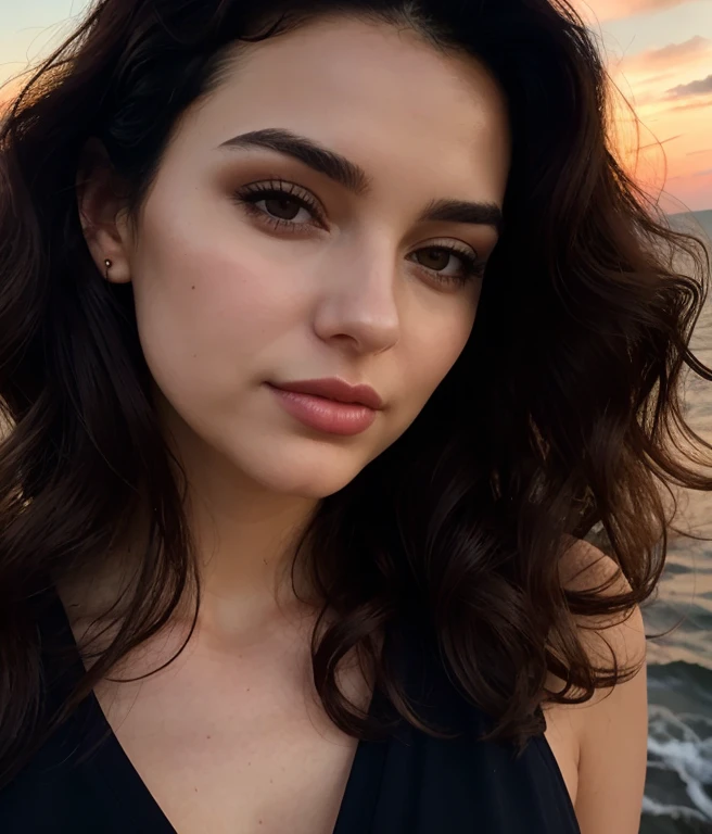 Close up face Image of a dark-haired woman with windblown curls, her hair is intertwined, like a flame against the twilight sky., radiating unbridled beauty, 