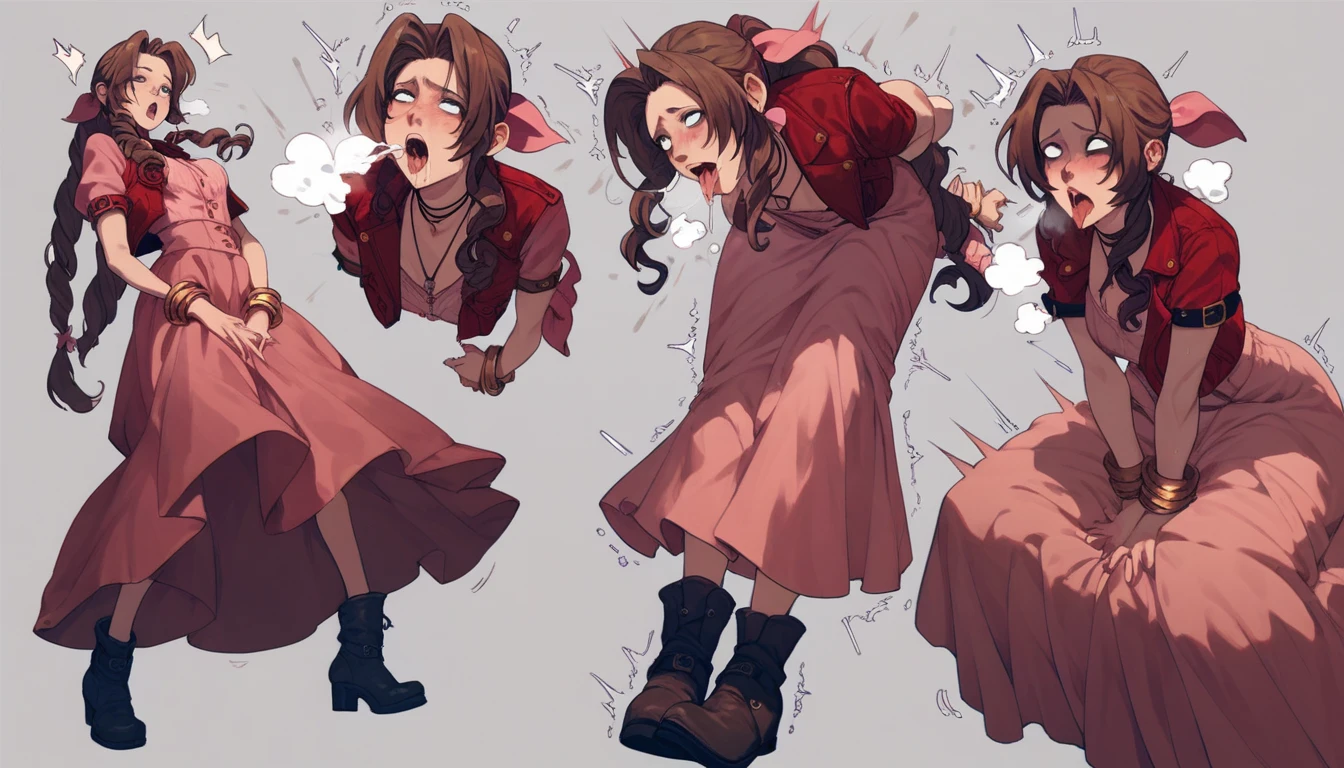 multiple views,Aerith masturbating while standing,Ahegao,Mouth wide open with tongue sticking out,Long skirt,boots,Trembling,Heavy breathing,Hollow Eyes,Weak expression