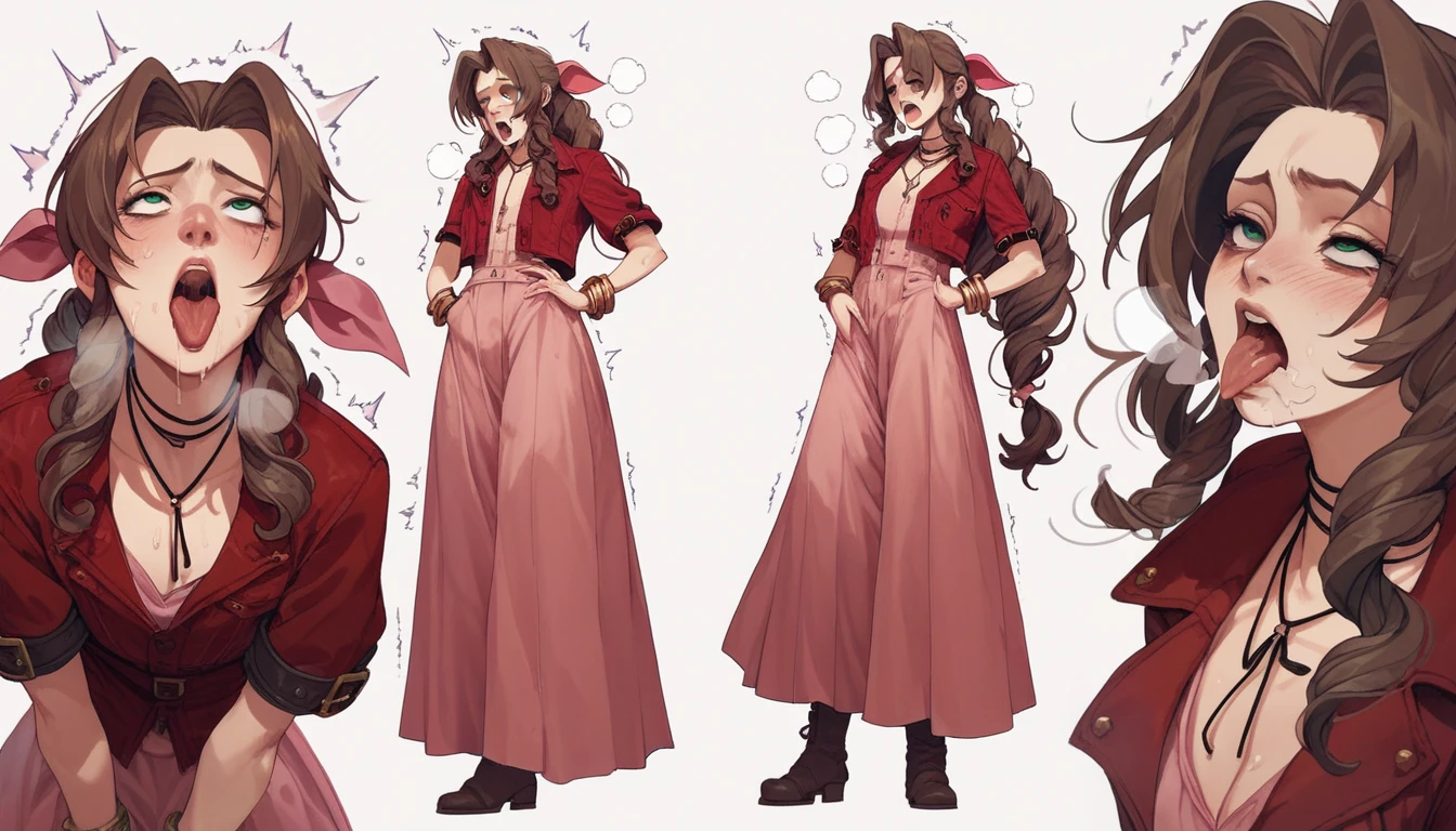 multiple views,Aerith masturbating while standing,Ahegao,Mouth wide open with tongue sticking out,Long skirt,boots,Trembling,Heavy breathing,Hollow Eyes,Weak expression