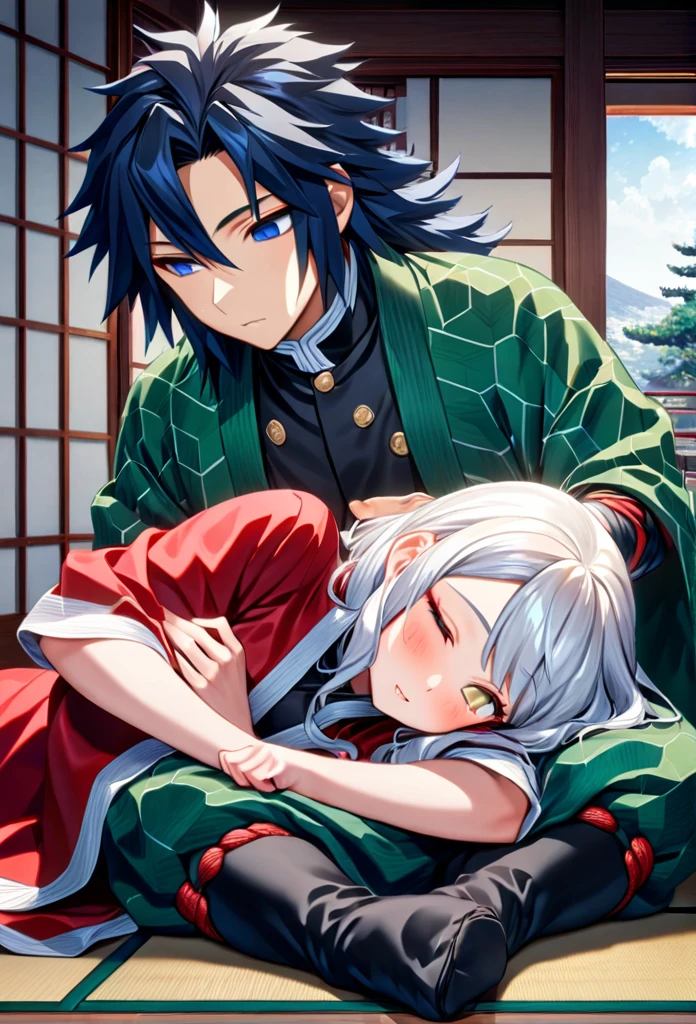 Ultra detailed, high resolution, absurd, HDR, masterpiece, anime girl and boy, beautiful woman (with long white hair with deep red streaks, girl (with yellow eyes), the girl (is wearing a red haori), uniform demon slayer black, Kimetsu No Yaiba, fantasy, handsome, Tomioka Giyu, Hashira, Tomioka is a gentle hug, couple, romantic, inside a Japanese house, best quality, extremely detailed face, love, romance, anime, the girl is lying with her head on Tomioka's sholder, she is tired but happy, he is watching her sleeping, Tomioka is a strong man