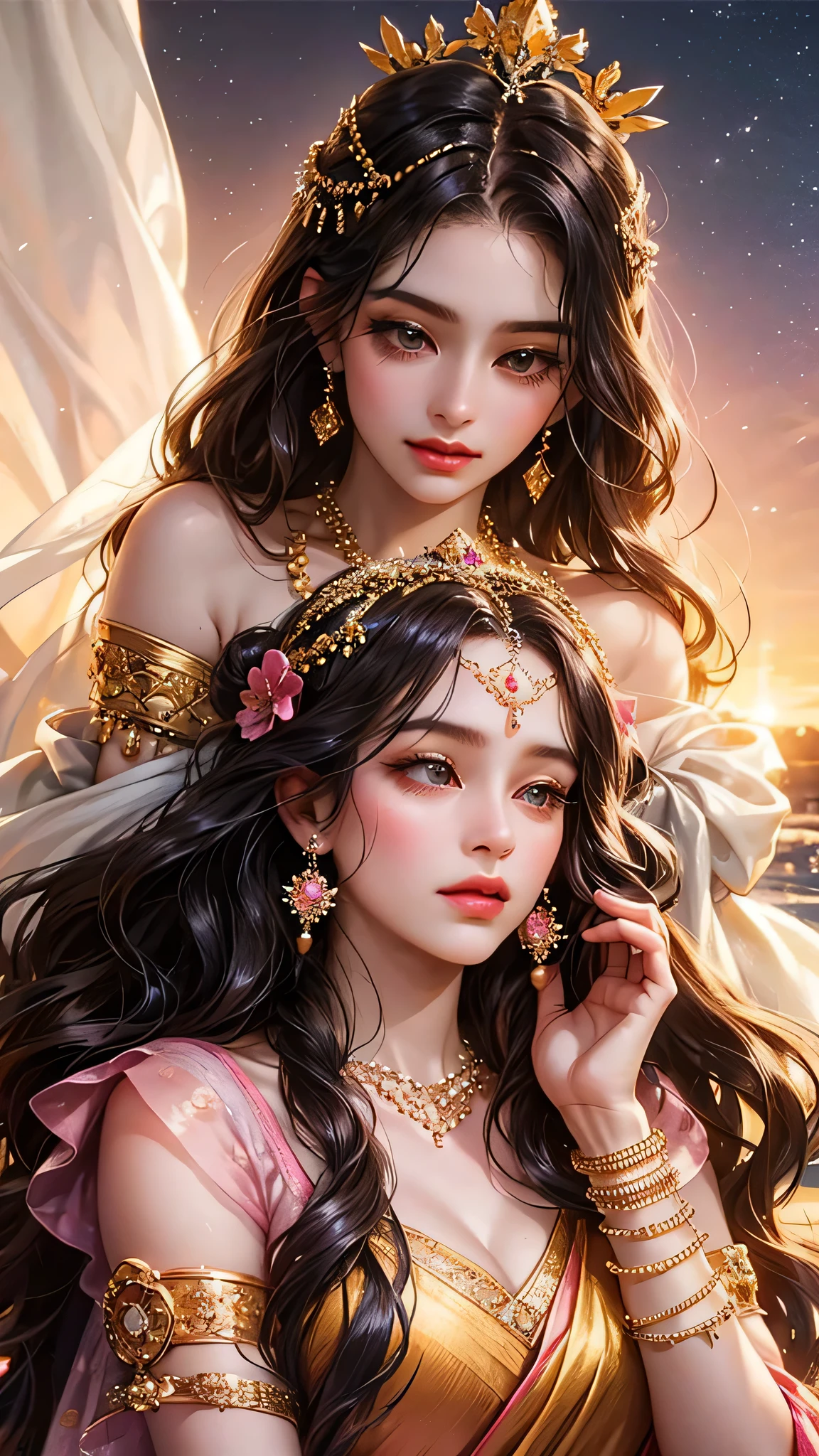 Goddess, very beautiful, animated style, closeup shot, anime in a yellow and pink combination indian saree, long black wavy hair untied, head jewellery, head clips, head chains, head tiara, necklace, long and beautiful earings, armlets, bangles and bracelets, rings, pleasant expression, bright big black eyes, holding a flower, natural beauty, vibrant colors, dreamy, northern light, pink bubble, romantic, soft lighting, vintage aesthetic