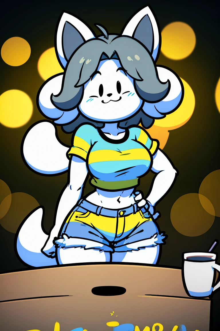 cute cartoon character temmie, grey hair, striped shirt, jean shorts, tall, muscular, cropped, black spot eye, detailed, corpão gostoso, alta, gigante, rosto delkz, 4k, 8k, highres, masterpiece:1.2, ultra-detailed, realistic, photorealistic, photo-realistic:1.37, HDR, UHD, studio lighting, ultra-fine painting, sharp focus, physically-based rendering, extreme detail description, professional, vivid colors, bokeh, cartoon, character design, pose, fantasy, tail