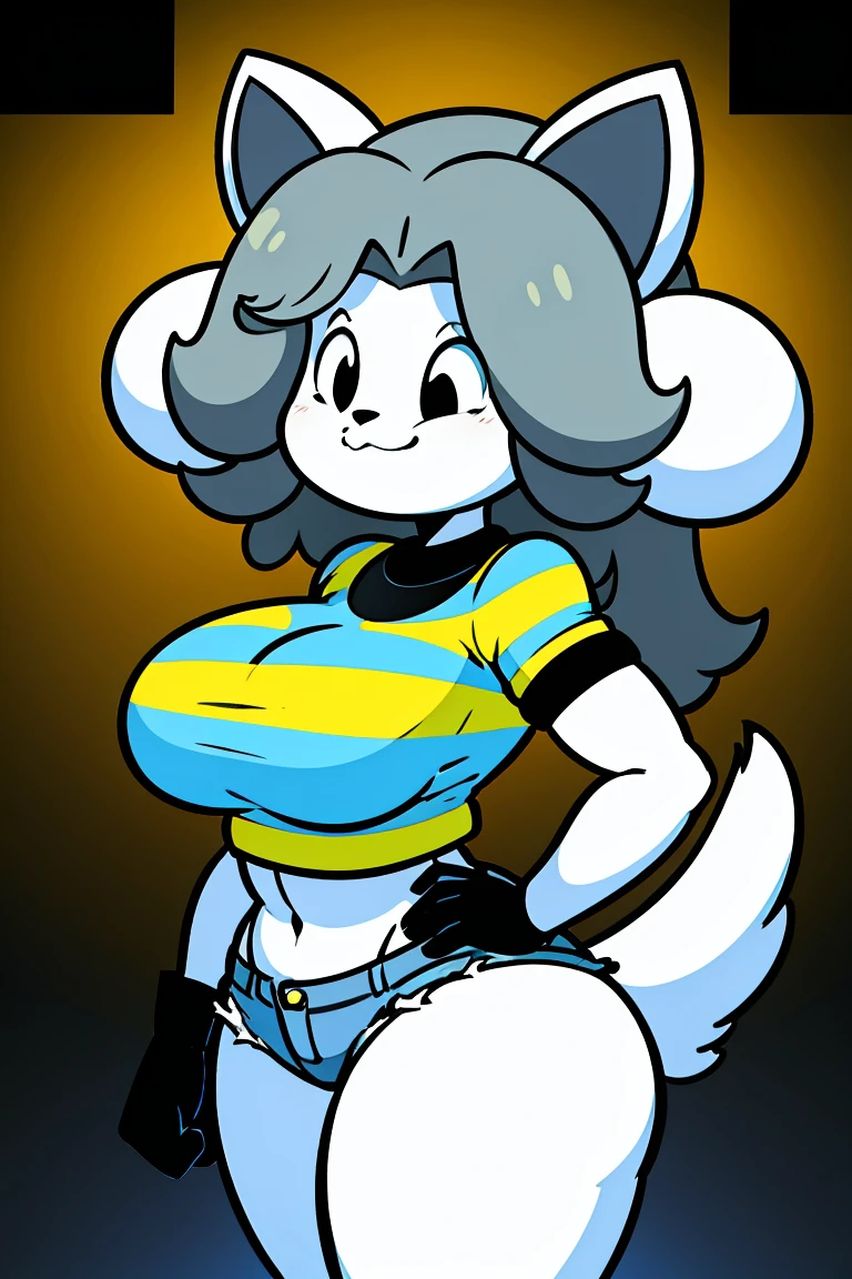cute cartoon character temmie, grey hair, striped shirt, jean shorts, tall, muscular, cropped, black spot eye, detailed, corpão gostoso, alta, gigante, rosto delkz, 4k, 8k, highres, masterpiece:1.2, ultra-detailed, realistic, photorealistic, photo-realistic:1.37, HDR, UHD, studio lighting, ultra-fine painting, sharp focus, physically-based rendering, extreme detail description, professional, vivid colors, bokeh, cartoon, character design,  pose, fantasy, tail