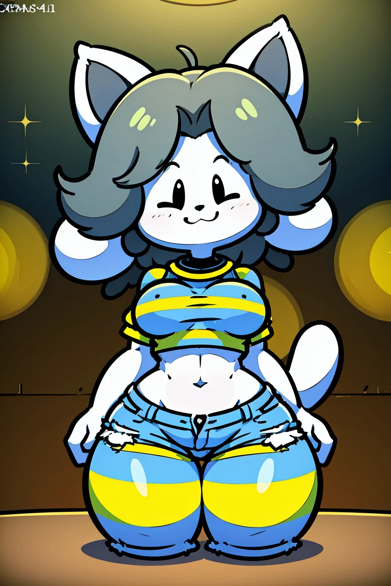 cute cartoon character temmie, grey hair, striped shirt, jean shorts, tall, muscular, cropped, black spot eye, detailed, corpão gostoso, alta, gigante, rosto delkz, 4k, 8k, highres, masterpiece:1.2, ultra-detailed, realistic, photorealistic, photo-realistic:1.37, HDR, UHD, studio lighting, ultra-fine painting, sharp focus, physically-based rendering, extreme detail description, professional, vivid colors, bokeh, cartoon, character design, pose, fantasy, tail