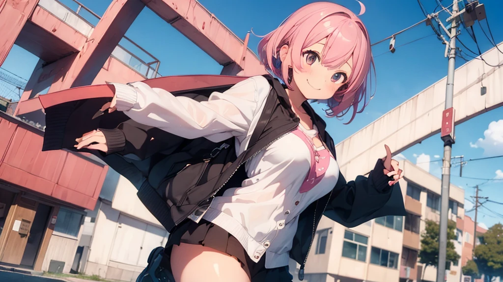 1girl,musical note pattern ,big dam ,pastel pink hair,brown eye,bob hair,standing, beckoning, full body,red frame eyewear,big breasts,smile