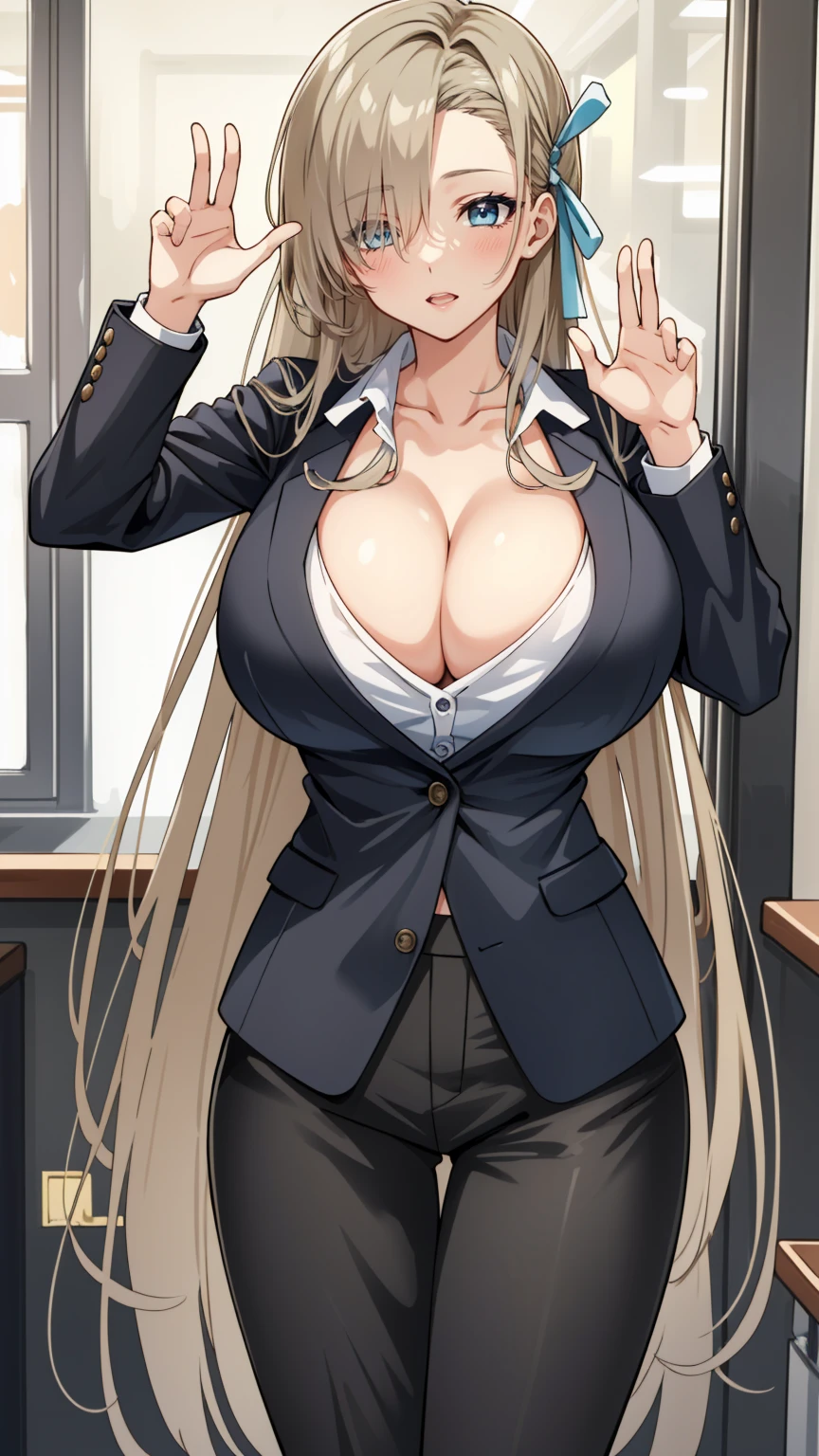 (High resolution), (Absurd), (最high quality), (high quality), (masterpiece), One girl, Asuna, blue eyes, Long Hair, Hello, Hair on one eye, very Long Hair, Light brown hair, (Large Breasts, Huge breasts), Formal office suit, Praying hands sign, View your viewers, 8K HD RTX, exquisite finger detail,