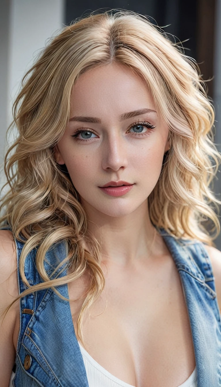 An attractive lady with long, wavy blonde hair, Youngh, semi-tied hair, curved, sexly, seductive, breast, white cropped vest top, jeans, hyper realistic absurdity, CRU photo, UltraHD 8K, high qualiy, film grain, (highly detailed skin:1.2), shallow depth of field