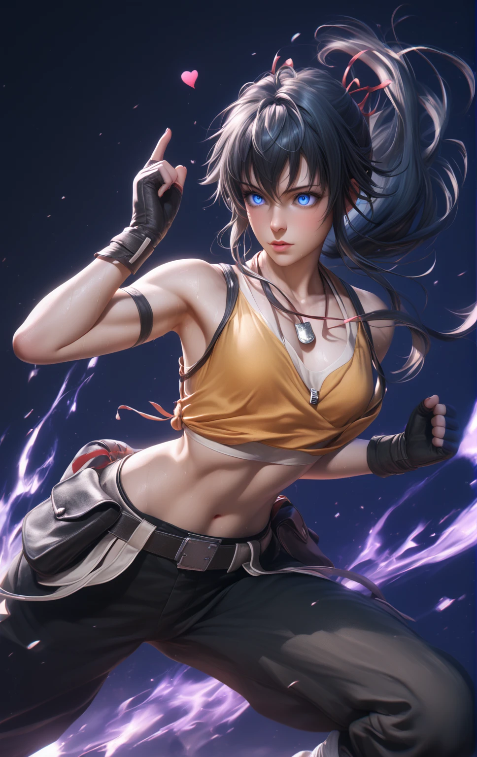 score_9, score_8_up, score_7_up, score_6_up, uncensored, Yukinoshita yukino, black hair, long hair, blue eyes, sweating, BREAK (masterpiece:1.2), best quality, high resolution, (detailed eyes:1.3), perfect lighting, (perfect hands, perfect anatomy), hearts, pleasured, (small breasts:1.3), rating:safe, 1girl, gloves, solo, breasts, dog_tags, pants, belt, cleavage, navel, fighting_stance, midriff, military, crop_top, ribbon, looking_at_viewer, hollow eyes, expressionless,