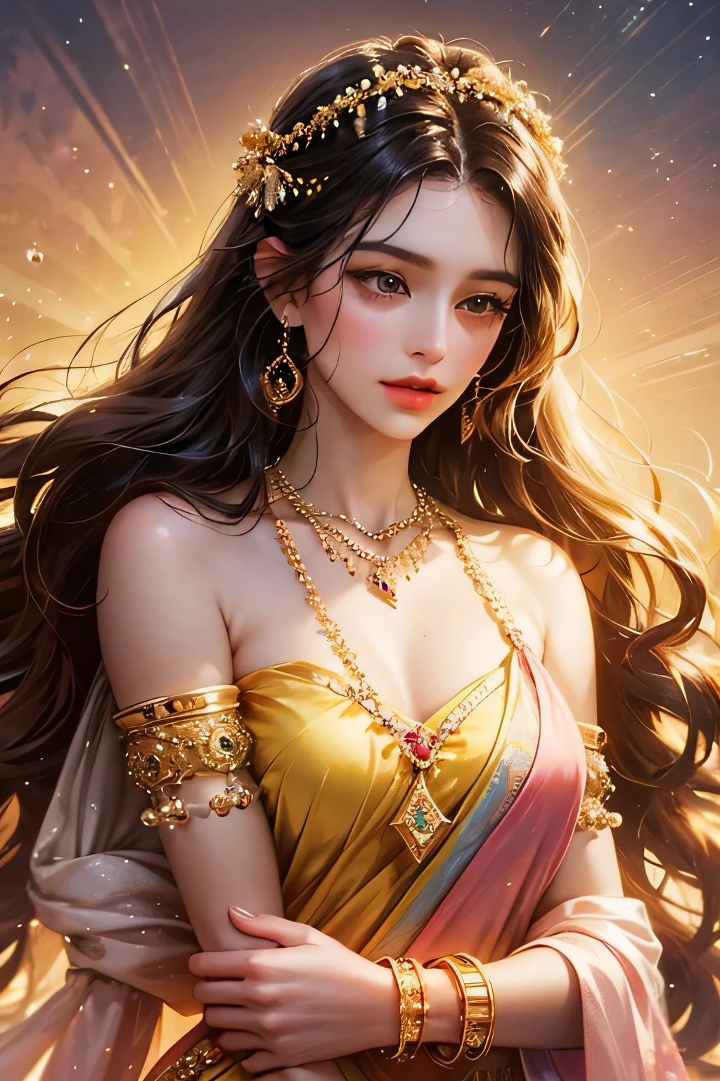 Goddess, very beautiful, animated style, closeup shot, anime in a yellow and pink combination indian dress, long black wavy hair untied, head jewellery, necklace, earings, armlets, bangles and bracelets, rings, pleasant expression, bright big black eyes, holding a flower, natural beauty, vibrant colors, dreamy, northern light, pink bubble, romantic, soft lighting, vintage aesthetic