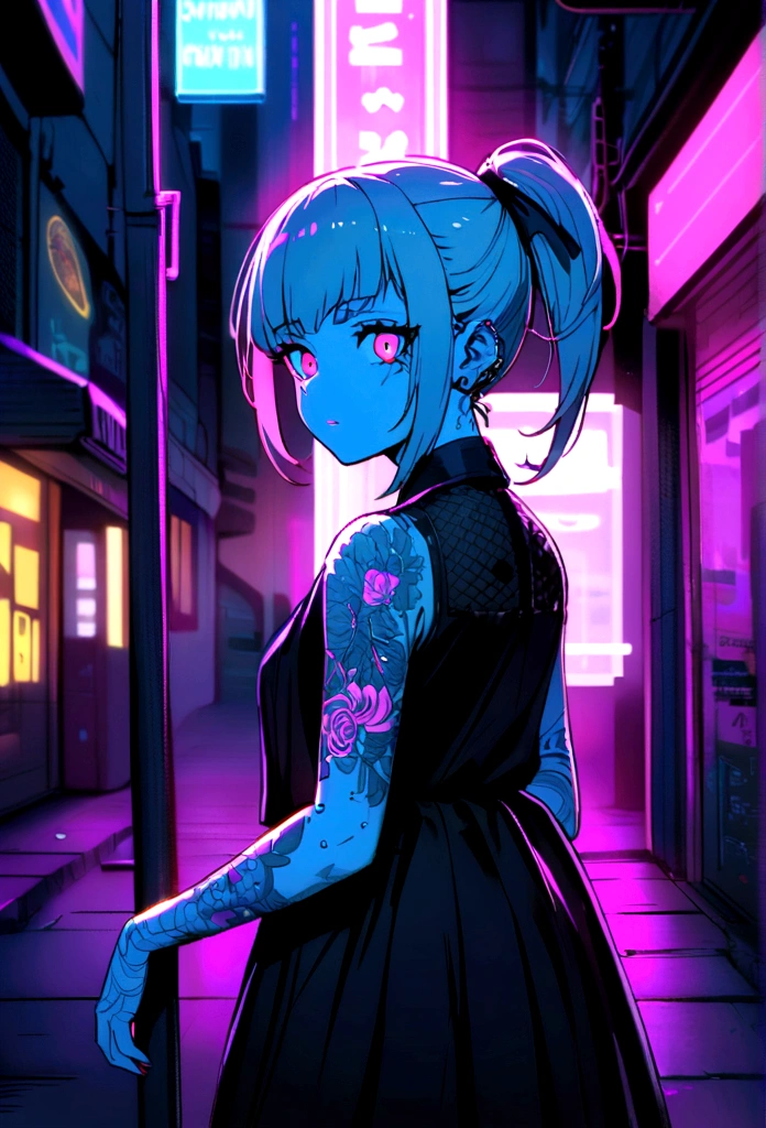 cyberpunk girl, urban landscape, neon lights, tattoos on the arm, method