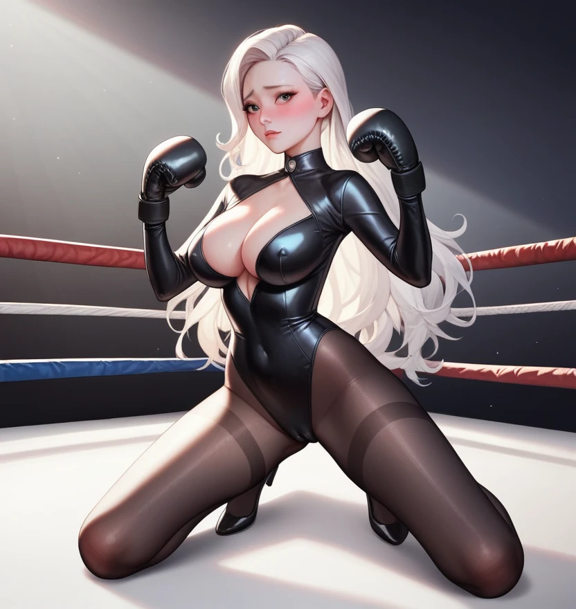 korean beautifull girl,18 years old,Pretty Face,Good shape,detailed picture, Shy expression, blush,White long hair, Wearing a black rubber suit,Wear black pantyhose, Wearing black boxing gloves, Kneeling in a sexy pose on the boxing ring,Large Breasts,Cleavage,Long legs,Thin waist,nipple,Camel toe