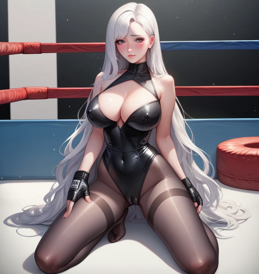 korean beautifull girl,18 years old,Pretty Face,Good shape,detailed picture, Shy expression, blush,White long hair, Wearing a black rubber suit,Wear black pantyhose, Wearing black boxing gloves, Kneeling in a sexy pose on the boxing ring,Large Breasts,Cleavage,Long legs,Thin waist,nipple,Camel toe