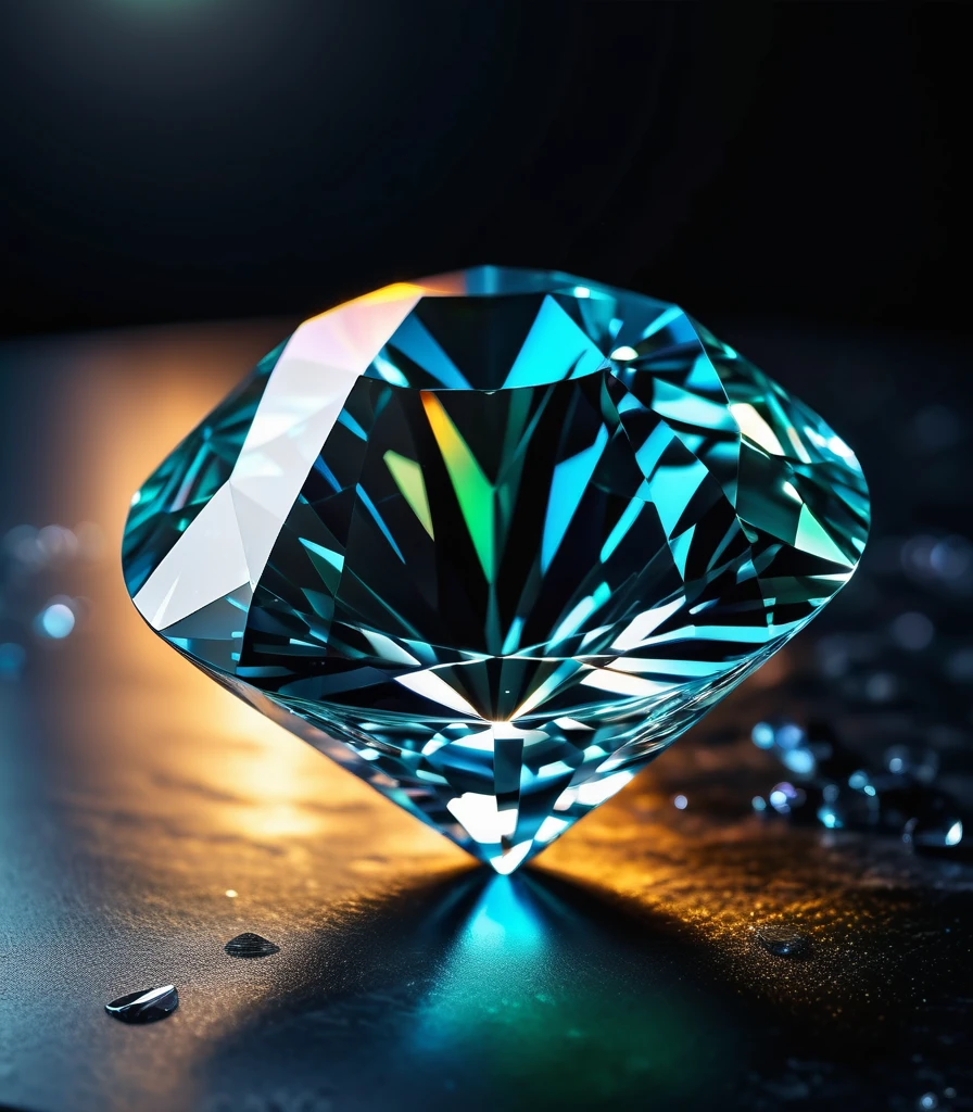 a large diamond jewel on black marble table with a black misty background, radiant light beams, chromatic aberration, broken prism, refraction, light caustics, detailed illustration, bioluminescent, colorfull, glow,