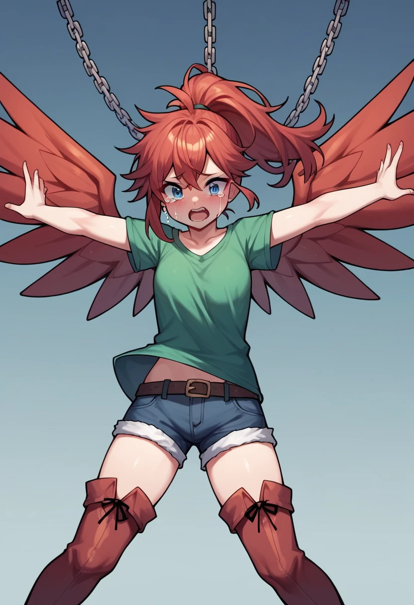 score_9, score_8_up, score_7_up, score_6_up, score_5_up, score_4_up, source_anime, 1girl, red hair,ponytail,An exciting face,tears blue eyes, w-w-chain, spread arms, messy hair, green shirt,thigh high boots, red boots,без каблука,shorts,dark dungeon, best quality, best res, 4K UHD,