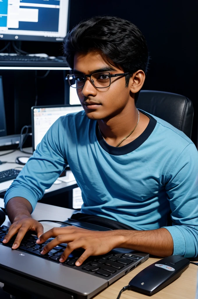 An cool indian school boy whose age is near 18 with eye glass and computer and rg lights in backgrounds in bis computer studio