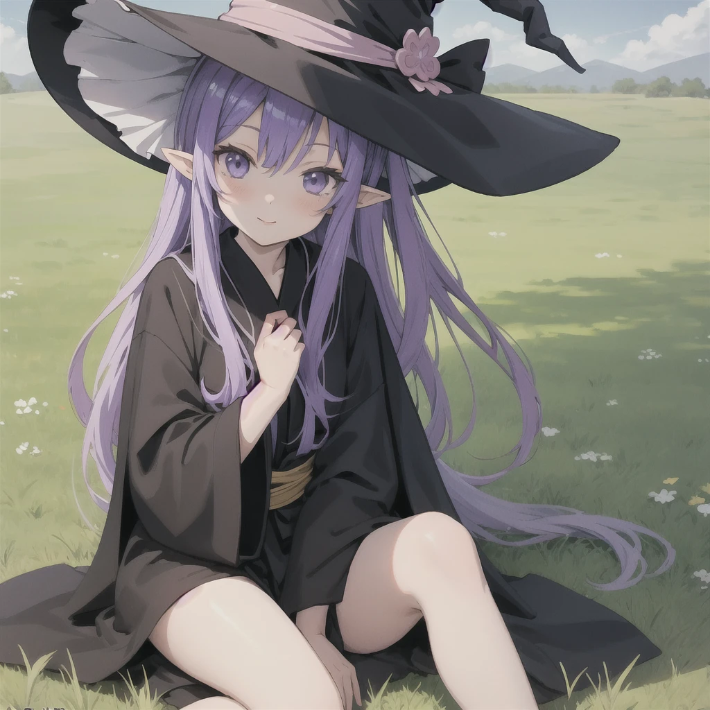 anime girl long purple hair wearing a black Robe. she has pointy ears. Witch Hat. Manga kawaii. iridescent ,An illustration, 0ne person .Sitting in the grass, hair blowing in the wind