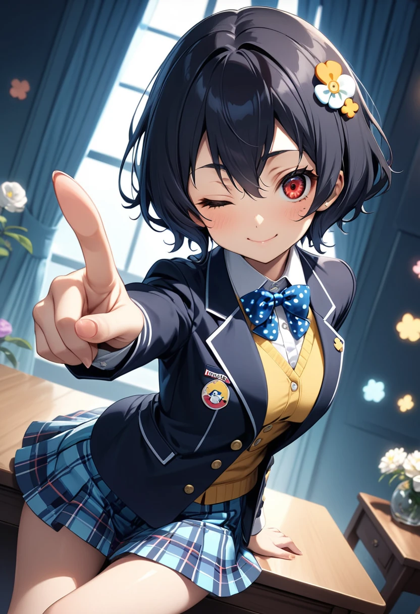 masterpiece, best quality, very aesthetic, absurdres,1girl, mizuno ai, zombie land saga, black hair, red eyes, flower, hair flower, collared shirt, black jacket, , blue bowtie, yellow vest, plaid skirt, dutch angle, closed mouth, smile, pointing, pointing up, one eye closed,