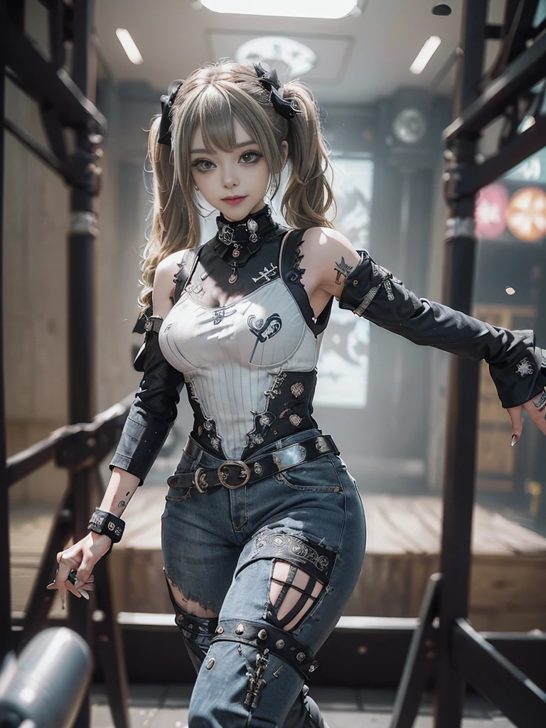 (Full Body View:1.4)、(Side view:1.1)、(Smiling with teeth showing:1.3),(Shibuya Gal:1.5)、(Gothic Lolita style fashion:1.5)、(Punk RockVisual Kei:1.5)、(Wearing a rhythmic gymnastics bodysuit with intricate details:1.4)、(Racing suit and pants with intricate decorations in white, denim and charcoal:1.5)、(Denim and light blue and white boots:1.3)、((belt))、(Numerous delicate logo marks all over the costume:1.4)、(collar:1.3)、(Striped underwear:1.5)、20-year-old、NSFW、((Highest quality、In 8K、masterpiece:1.3))、Sharp focus:1.2、(Layered Cut、Huge boobs:1.1),Beautiful woman with perfect figure:1.4、(Dancing vigorously:1.3)、Slender Abs:1.2、Highly detailed face and skin texture、Detailed eyes、double eyelid,(Twin tails:1.3)、(Brown-golden hair:1.3)、Gravure idol、(The background is the stage of the fashion show:1.3)、(Slim body:1.3),(Make your legs thinner:1.4),(clavicle:1.1)、(Thin and slim thighs:1.3)