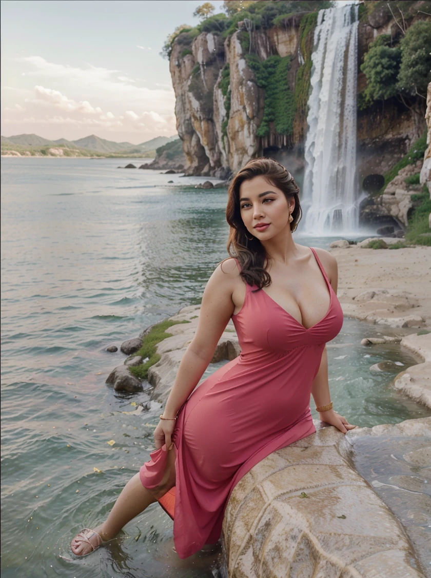 Arab dress,yellow dress,short dress (white), crocodile near the mountain,water near the grass, waterfall nearby,light green,bright flowers,red sky, wearing suit (white),lips (pink) Escasamente vestido,qbeautiful face Hermosa big hips shine in the sky,oval curves sonrisa seductora Retrato Gabriella Lin Rojo red-orange dress