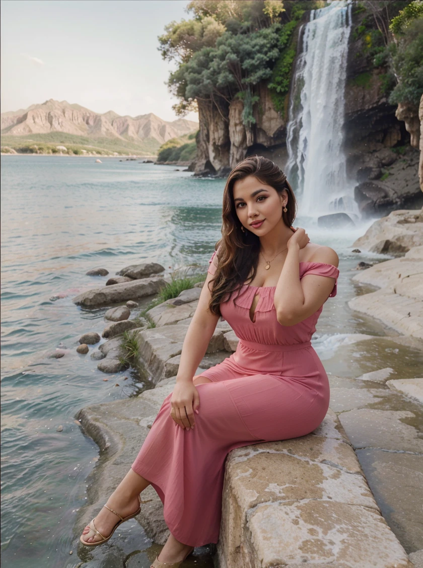 Arab dress,yellow dress,short dress (white), crocodile near the mountain,water near the grass, waterfall nearby,light green,bright flowers,red sky, wearing suit (white),lips (pink) Escasamente vestido,qbeautiful face Hermosa big hips shine in the sky,oval curves sonrisa seductora Retrato Gabriella Lin Rojo red-orange dress