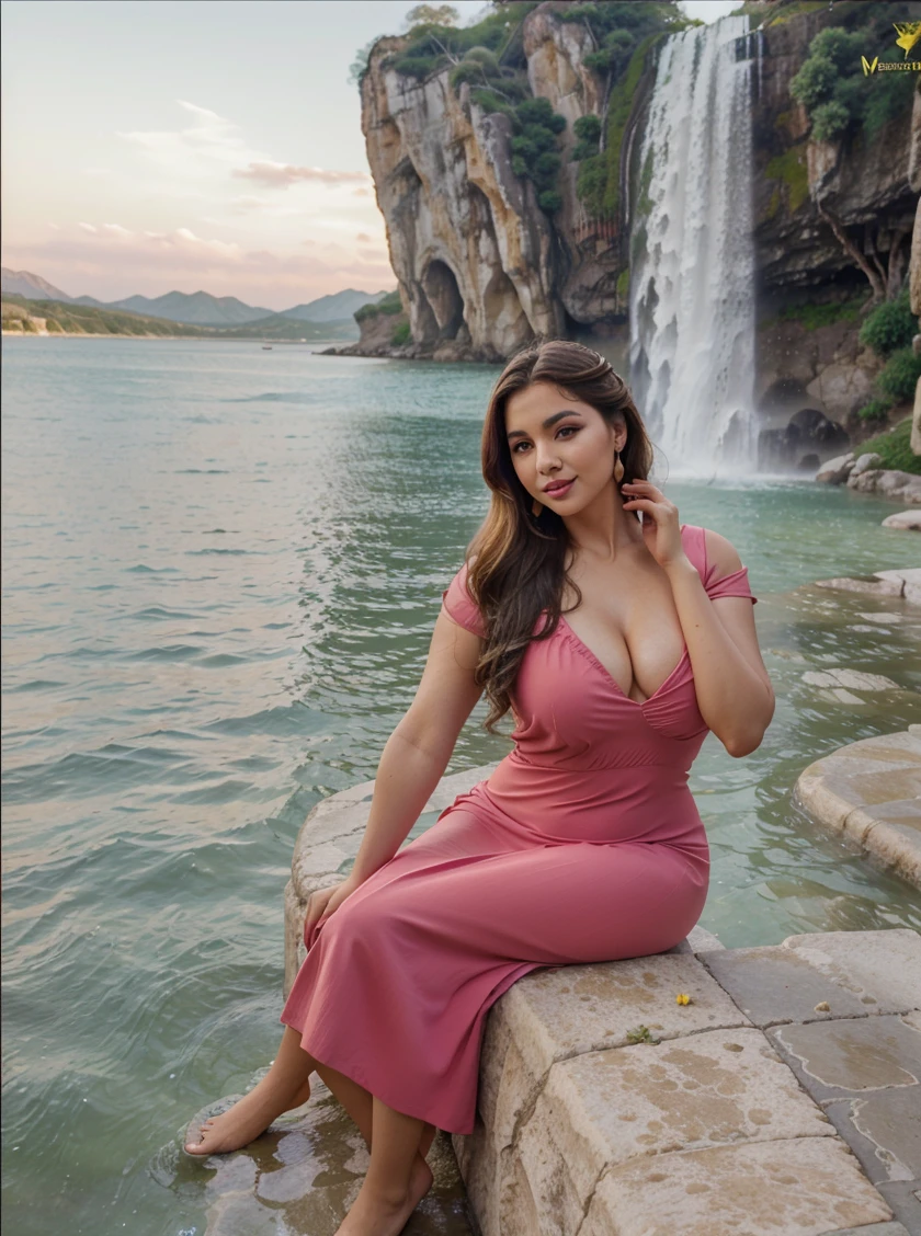 Arab dress,yellow dress,short dress (white), crocodile near the mountain,water near the grass, waterfall nearby,light green,bright flowers,red sky, wearing suit (white),lips (pink) Escasamente vestido,qbeautiful face Hermosa big hips shine in the sky,oval curves sonrisa seductora Retrato Gabriella Lin Rojo red-orange dress