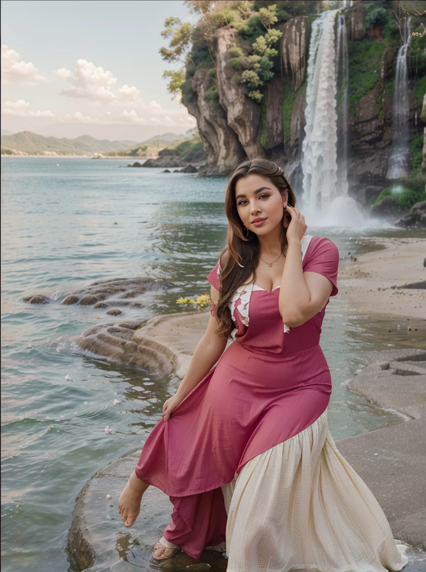 (best quality, photorealistic), 24 year old woman, wearing catholic , busty, on a (mountain cliff:1.3), sexy, natural lighting, out of focus