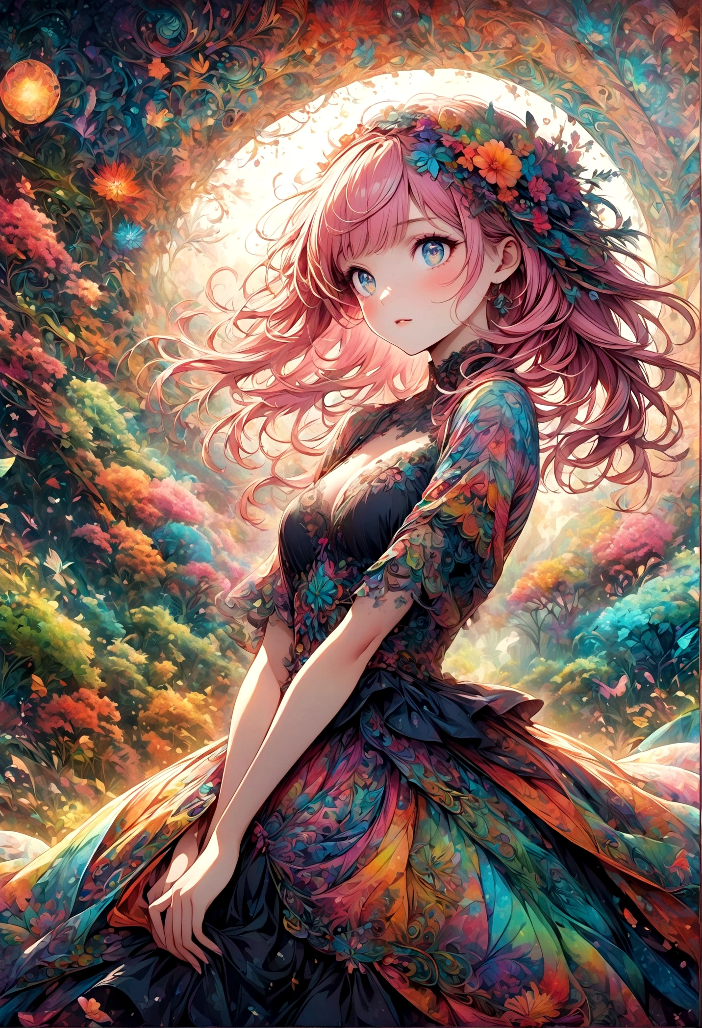 A delicate anime-style illustration of a girl with pink hair and large, expressive eyes. She is wearing a detailed, colorful dress with intricate patterns. The background features abstract, geometric shapes in soft pastel colors, creating a modern and artistic look. Her hands are gracefully positioned in front of her. kimono,Japanese style,Japanese Pattern,artwork,Zentangle,Fractal Art,Unbelievably absurd,draw in detail,Decadent,Adding Ogata Korin elements to the background,rendering,(masterpiece:1.3),(highest quality:1.4),(Super detailed:1.5),High resolution,Very detailed,unity 8k wallpaper,pop