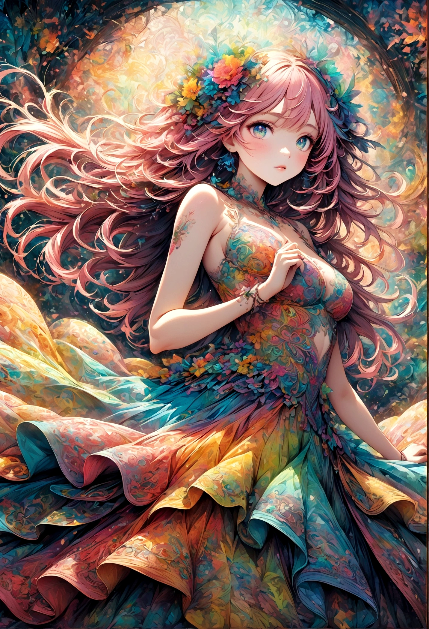 A delicate anime-style illustration of a girl with pink hair and large, expressive eyes. She is wearing a detailed, colorful dress with intricate patterns. The background features abstract, geometric shapes in soft pastel colors, creating a modern and artistic look. Her hands are gracefully positioned in front of her. kimono,Japanese style,Japanese Pattern,artwork,Zentangle,Fractal Art,Unbelievably absurd,draw in detail,Decadent,Adding Ogata Korin elements to the background,rendering,(masterpiece:1.3),(highest quality:1.4),(Super detailed:1.5),High resolution,Very detailed,unity 8k wallpaper,pop