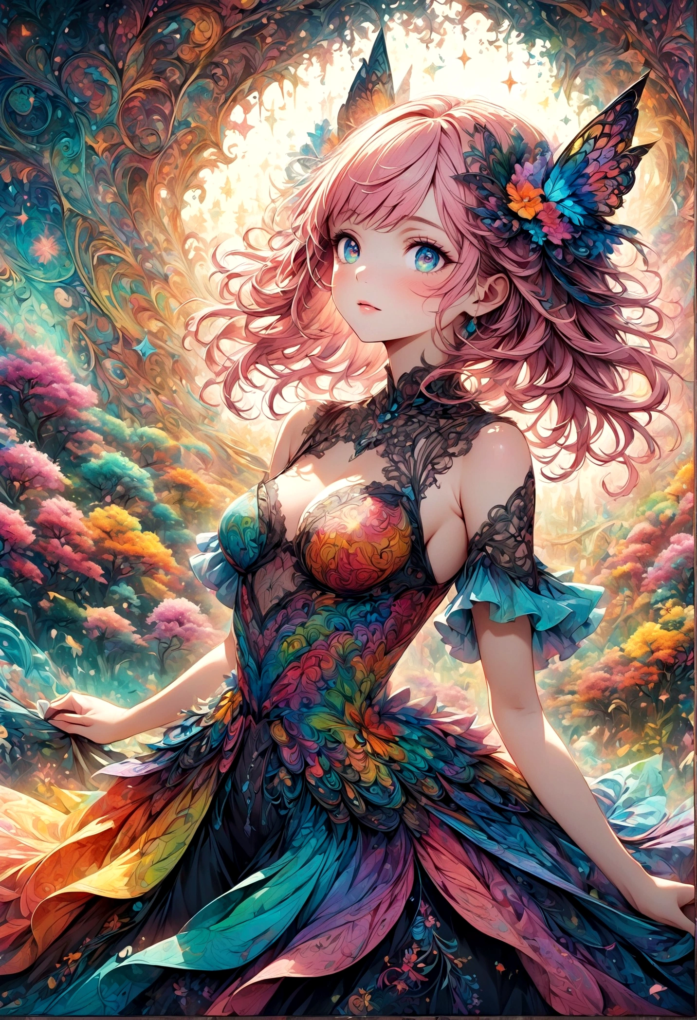 A delicate anime-style illustration of a girl with pink hair and large, expressive eyes. She is wearing a detailed, colorful dress with intricate patterns. The background features abstract, geometric shapes in soft pastel colors, creating a modern and artistic look. Her hands are gracefully positioned in front of her. kimono,Japanese style,Japanese Pattern,artwork,Zentangle,Fractal Art,Unbelievably absurd,draw in detail,Decadent,Adding Ogata Korin elements to the background,rendering,(masterpiece:1.3),(highest quality:1.4),(Super detailed:1.5),High resolution,Very detailed,unity 8k wallpaper,pop