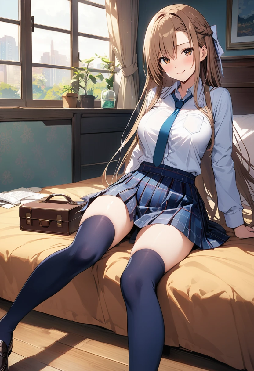 Highest quality、Super detailed、High resolution illustrations、Ultra-high-definition CG、８k size wallpaper、Production Art、Light novel illustrations、asuna yuuki, long hair, bangs, brown hair, brown eyes, very long hair, braid, Collared long sleeve shirt、Navy blue tie、Navy tartan check pleated skirt、Navy blue knee socks、Black Loafers、NSFW,On the bed in the nurse&#39;s office、Breast Grabbing、masturbation behavior、Pull up your skirt、I&#39;m masturbating、Wide-open legs、