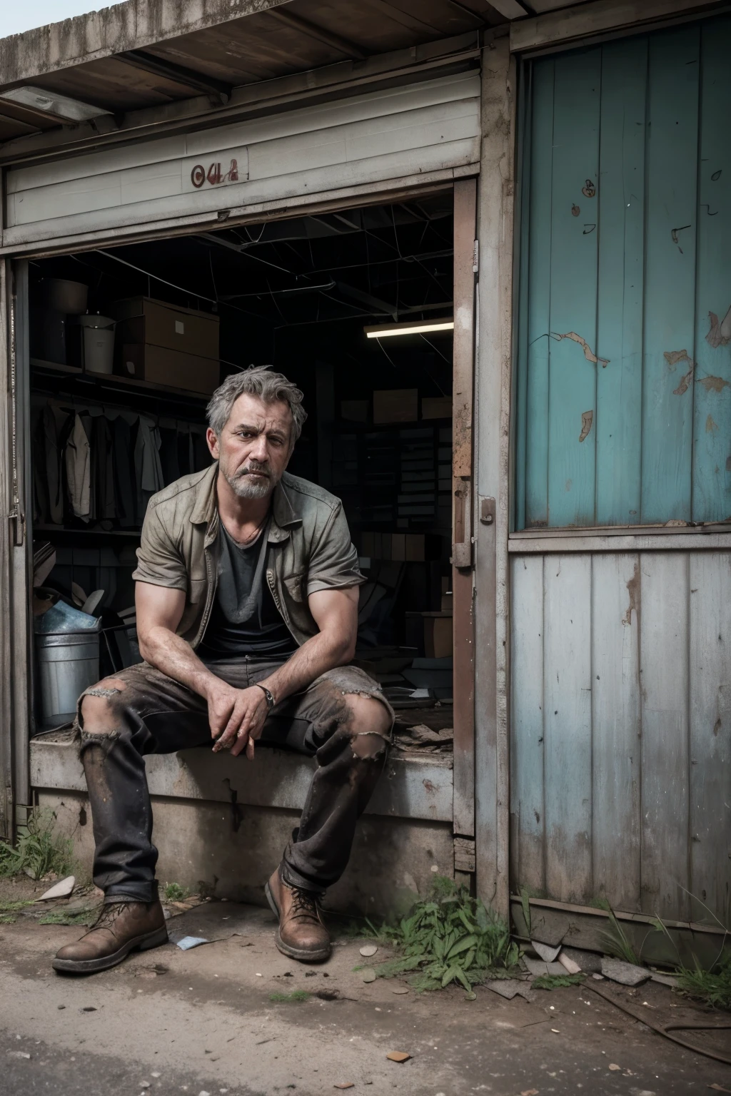 naughty man (realistic and human) sitting with disappointment expression, behind an old store with an abandoned appearance (rust, old products) and which has been surpassed by the technology that is in front of you, a store with artificial intelligence, the image must have a cinematic appearance, with sharpness and texture and with 8k resolution and dimension 1080x1350 px