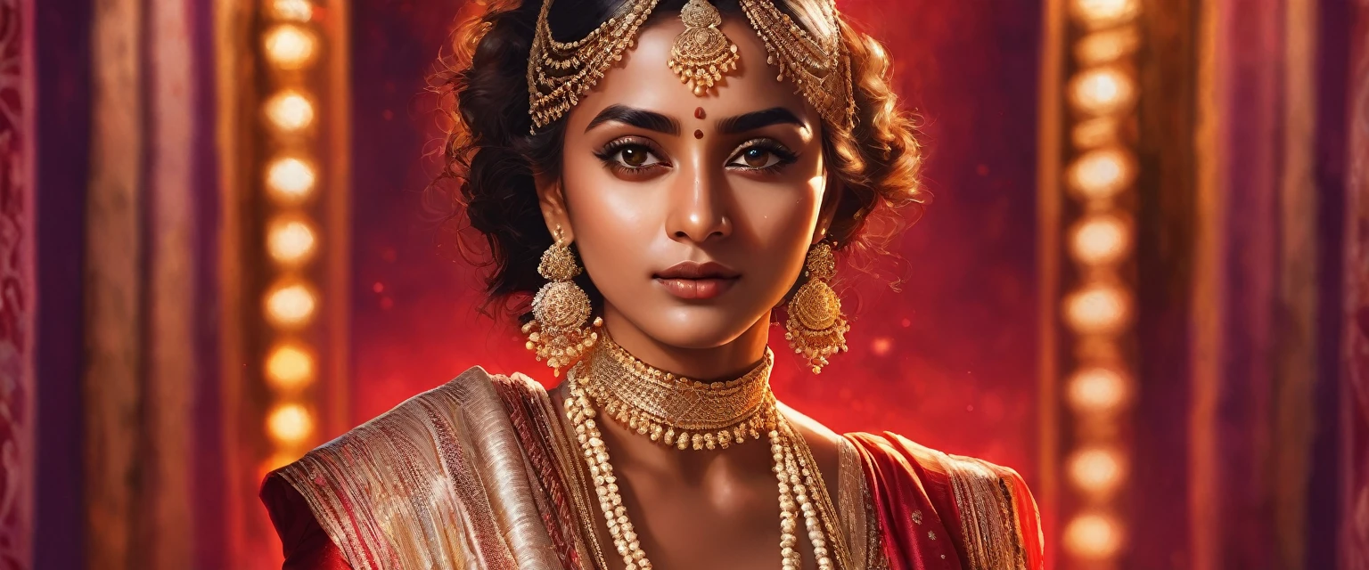 open angle, A brown woman, with gold dress and white scarves, red light diagonally, vibrant background colors, com a india de background, ultra realisitic, 8K, with maximum details.