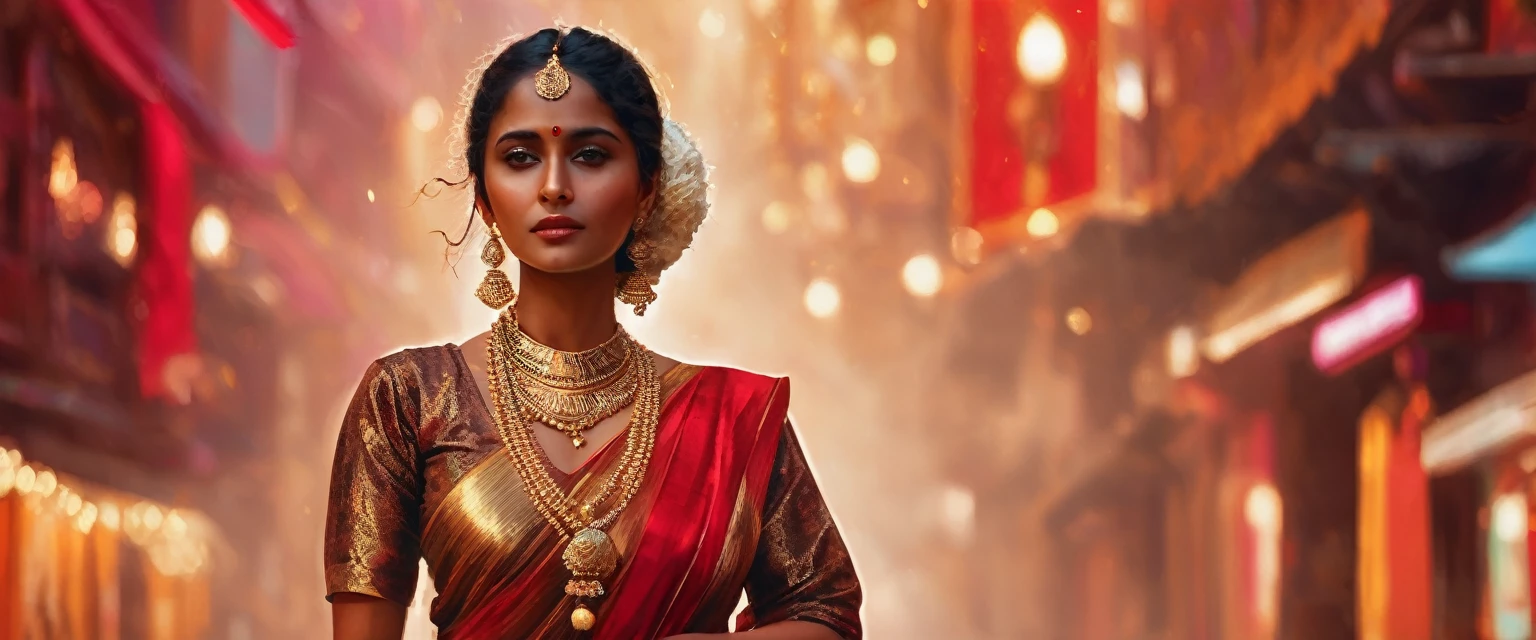 open angle, A brown woman, with gold dress and white scarves, red light diagonally, vibrant background colors, com a india de background, ultra realisitic, 8K, with maximum details.