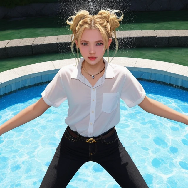 punctuation_9, punctuation_8_High above, punctuation_7_High above, punctuation_6_High above, punctuation_5_High above, punctuation_4_High above, fountain_アニメ, 1 girl, hair blonde, hair bun, greeneyes, ww chain, open arms, Messy hair, white shirt, jeans, Dungeonpunk, best qualityer, best resolution, 4K Ultra HD,