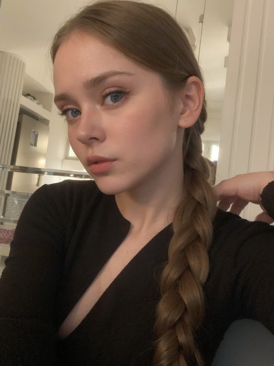 best quality, face focus, soft light, ultra high res, (photorealistic:1.4), RAW photo,
1 russian girl, solo, cute, (pupil, lights in the eyes), detailed beautiful face, (small chest),(high resolution detail of human skin texture),
(long hair),
indoor,
Damask Shirt Dress,
(portrait), blue eyes, russian eyes