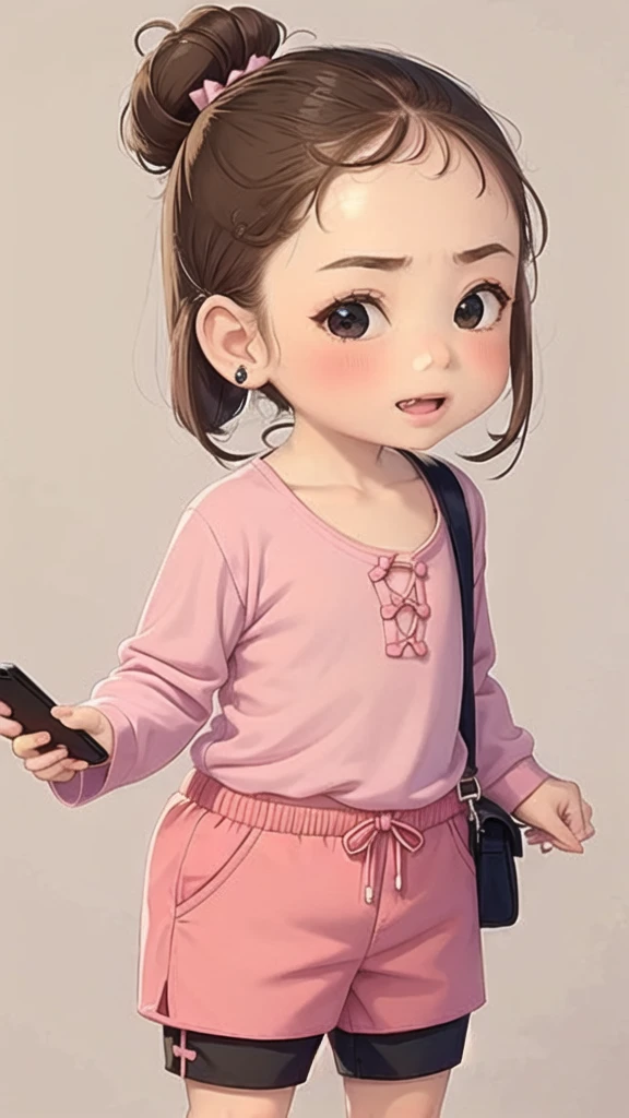 a child with a pink bow holding a smartphone while talking to someone, 1girl, yellow bow, jewelry, solo, earrings, phone,  eyes,  hair, bow, smile, open mouth, bag, cellphone, pink shirt, shorts, hair bow, holding phone,sad